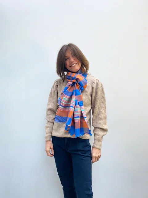 ANNA Himalaya Scarf in Orange, Blue Check