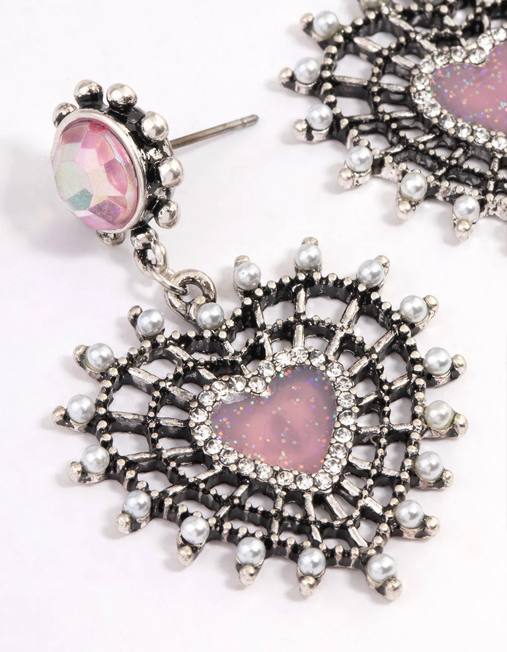 Antique Silver Pink Sparkle Heart Earrings