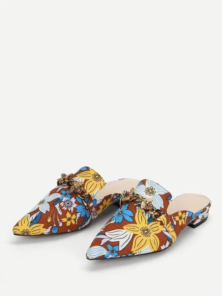 Bee Detail Calico Print Pointed Toe Flats