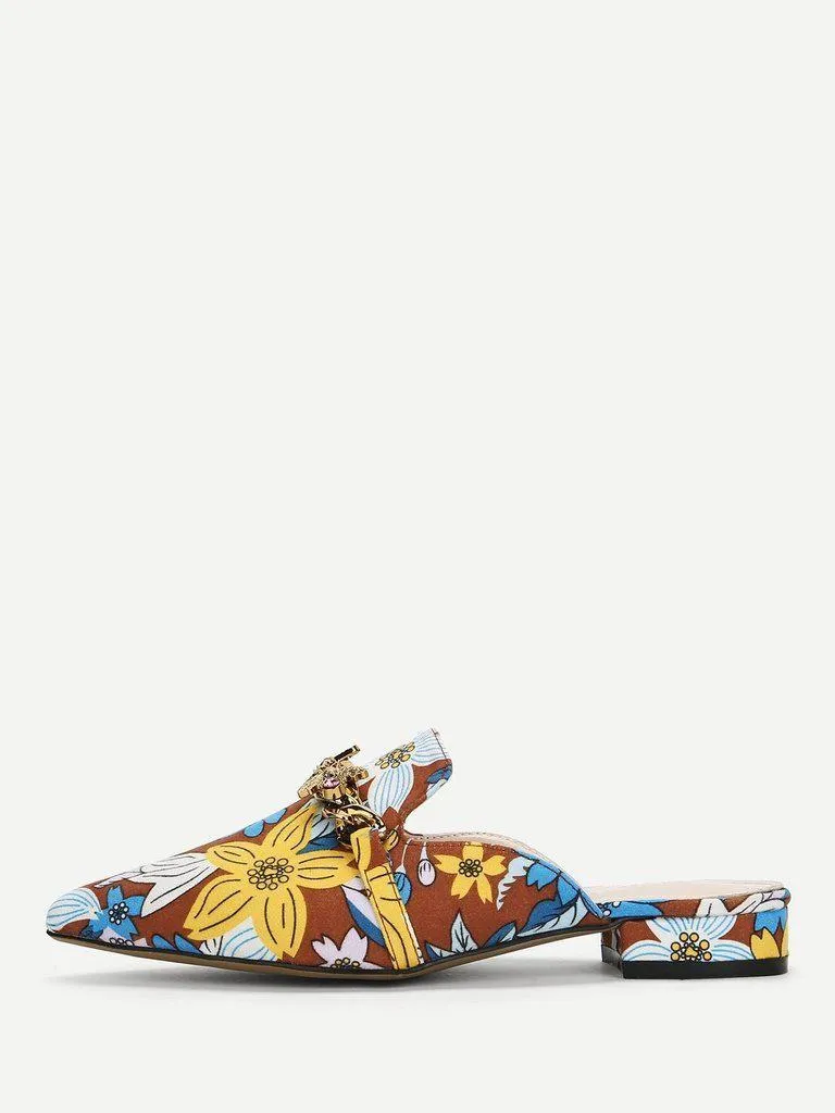 Bee Detail Calico Print Pointed Toe Flats