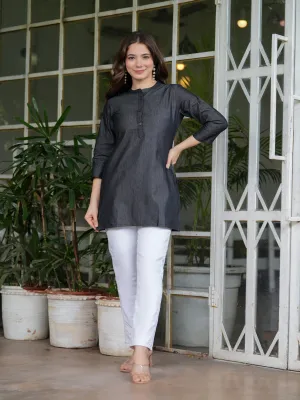 Elegant Black Cotton Denim Short Kurti Top