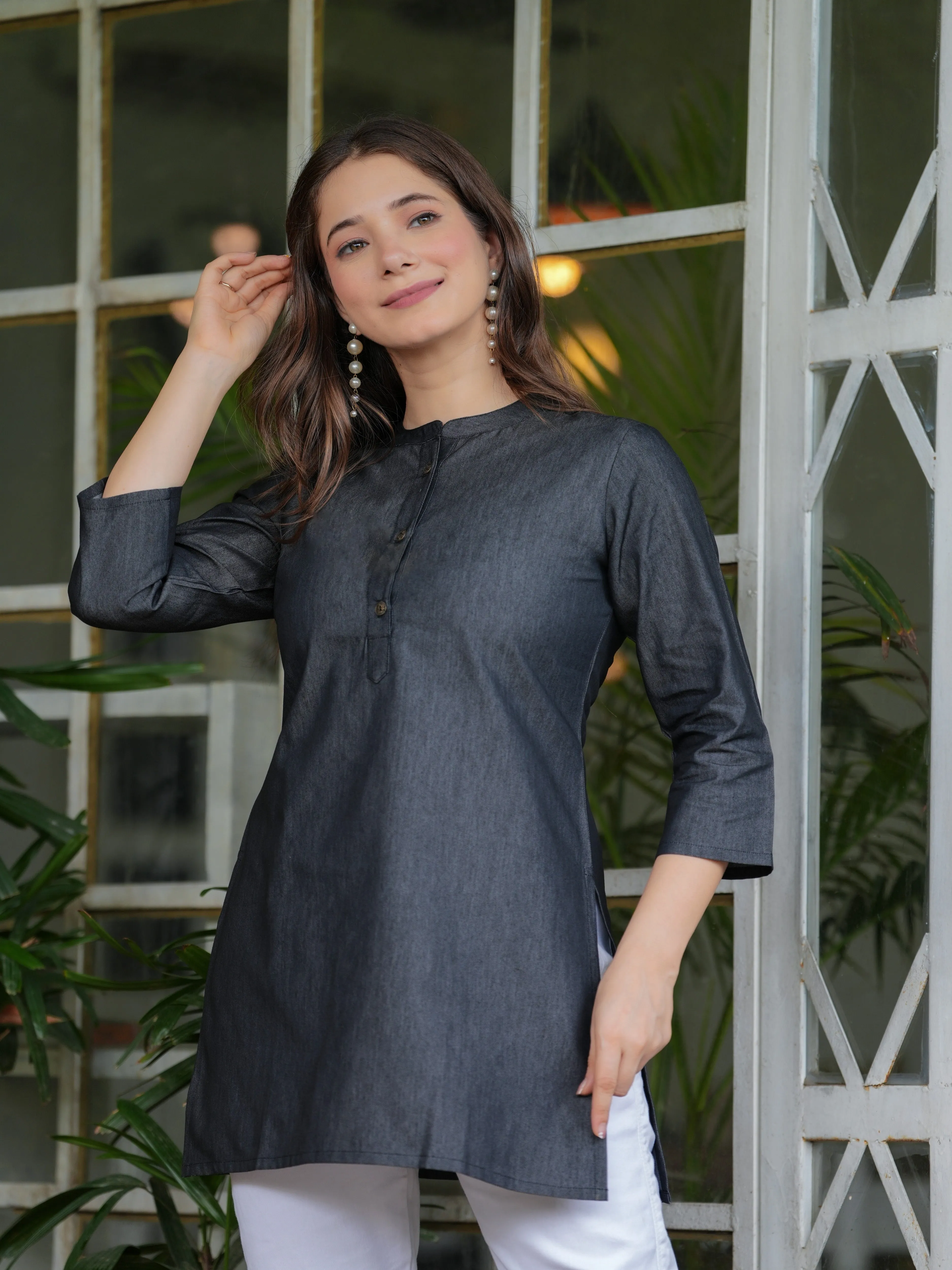 Elegant Black Cotton Denim Short Kurti Top