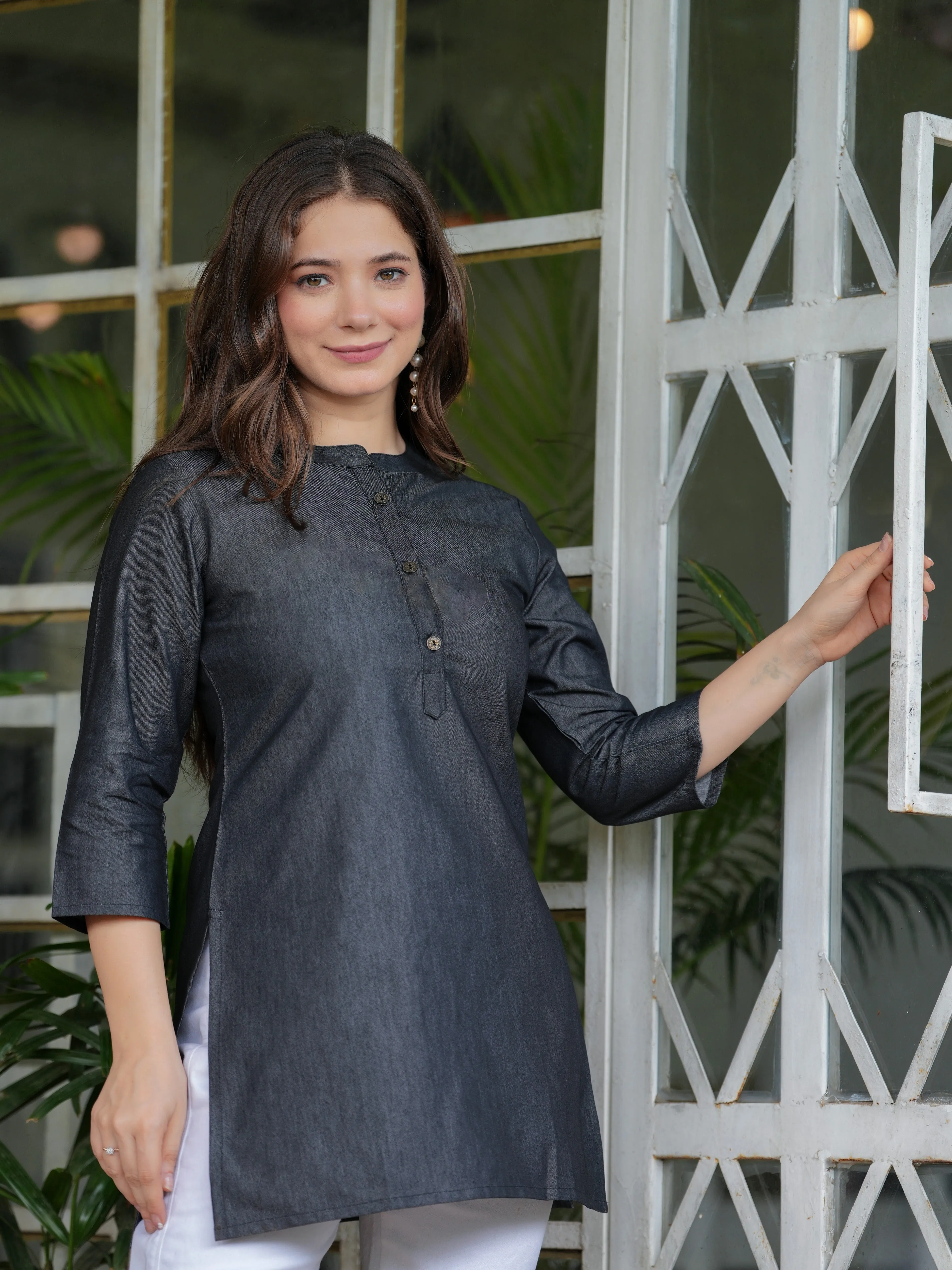 Elegant Black Cotton Denim Short Kurti Top