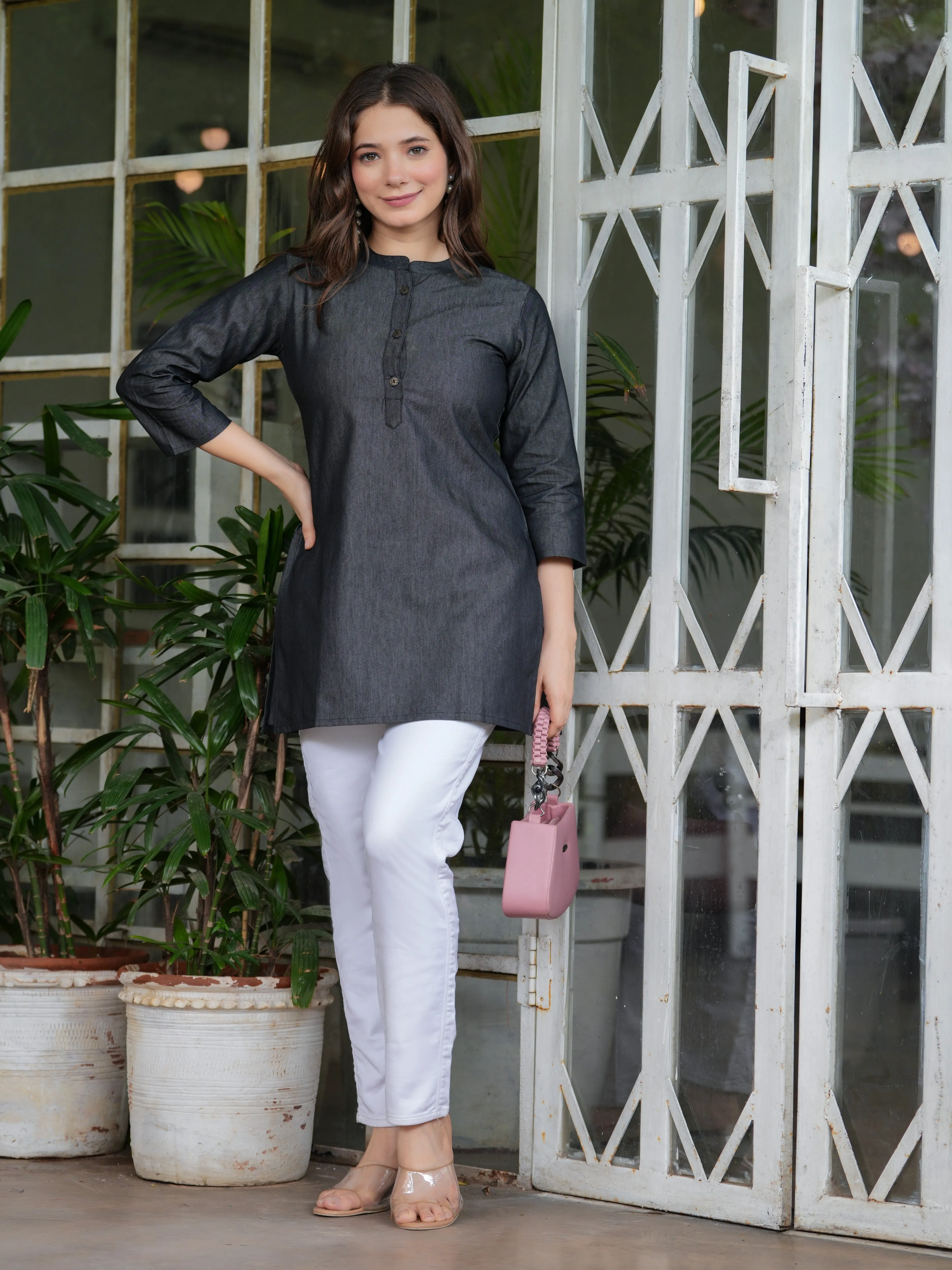 Elegant Black Cotton Denim Short Kurti Top