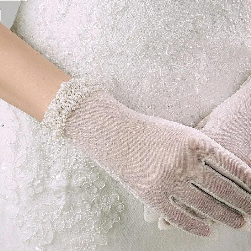 Elegant Pearl Beaded Translucent Finger Bridal Gloves