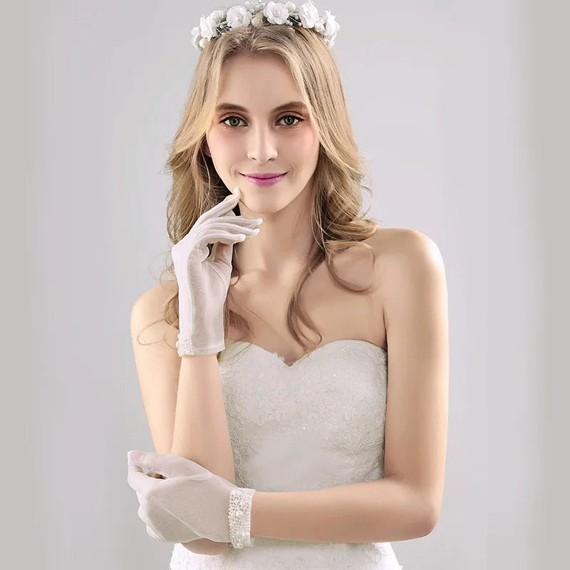 Elegant Pearl Beaded Translucent Finger Bridal Gloves