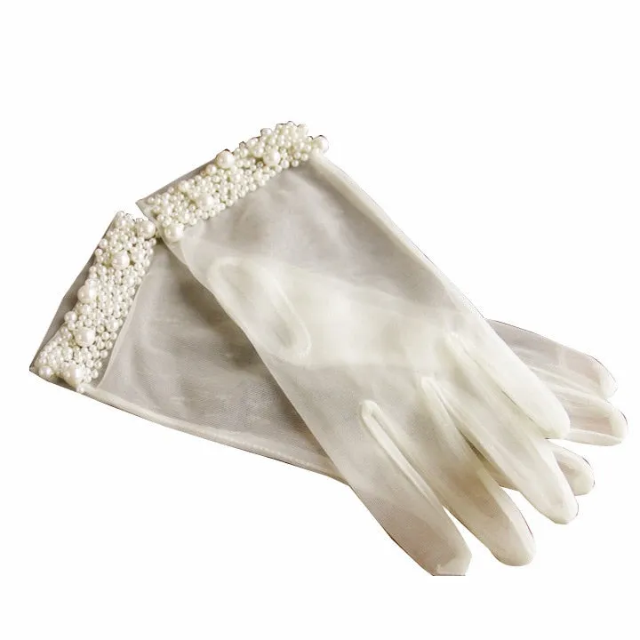 Elegant Pearl Beaded Translucent Finger Bridal Gloves