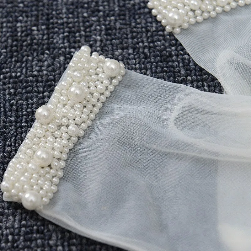 Elegant Pearl Beaded Translucent Finger Bridal Gloves