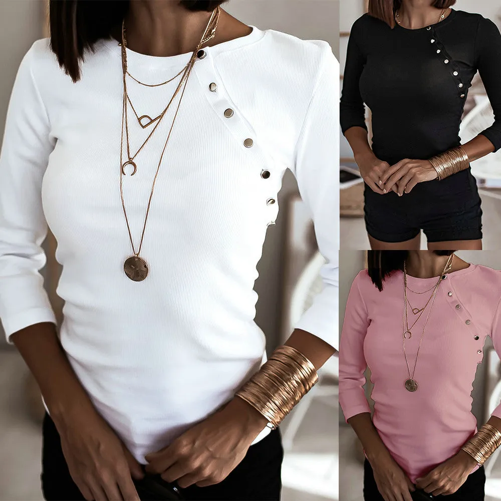 Fashion casual top with bevel button round neck slim solid color all-match top