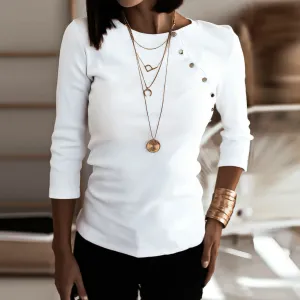 Fashion casual top with bevel button round neck slim solid color all-match top