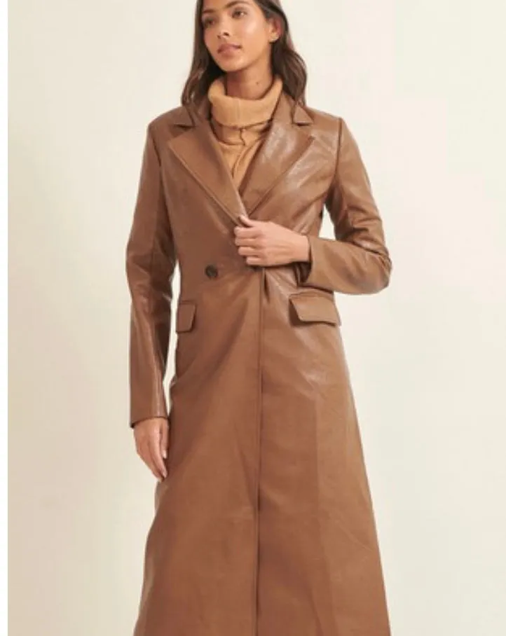 Faux Leather Notched Lapel Collar Side Pocket Coat