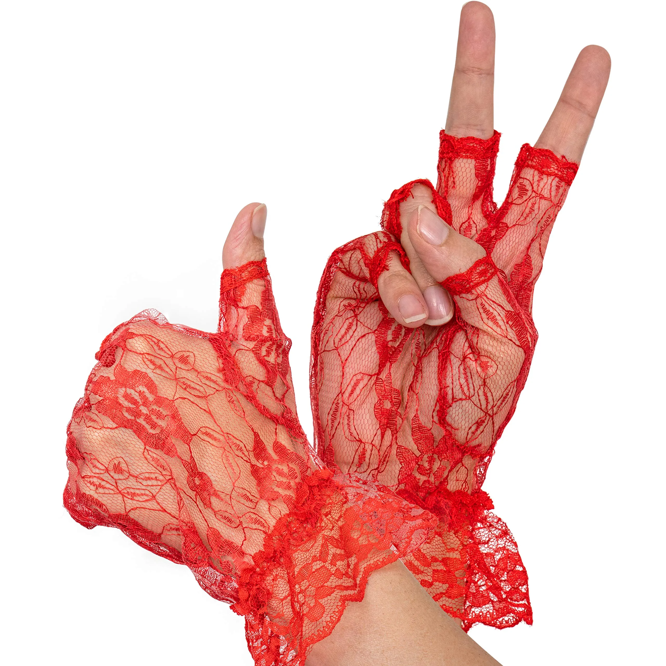 Fingerless Lace Red Gloves - Ladies and Girls Ruffled Lace Finger Free Bridal Wrist Gloves