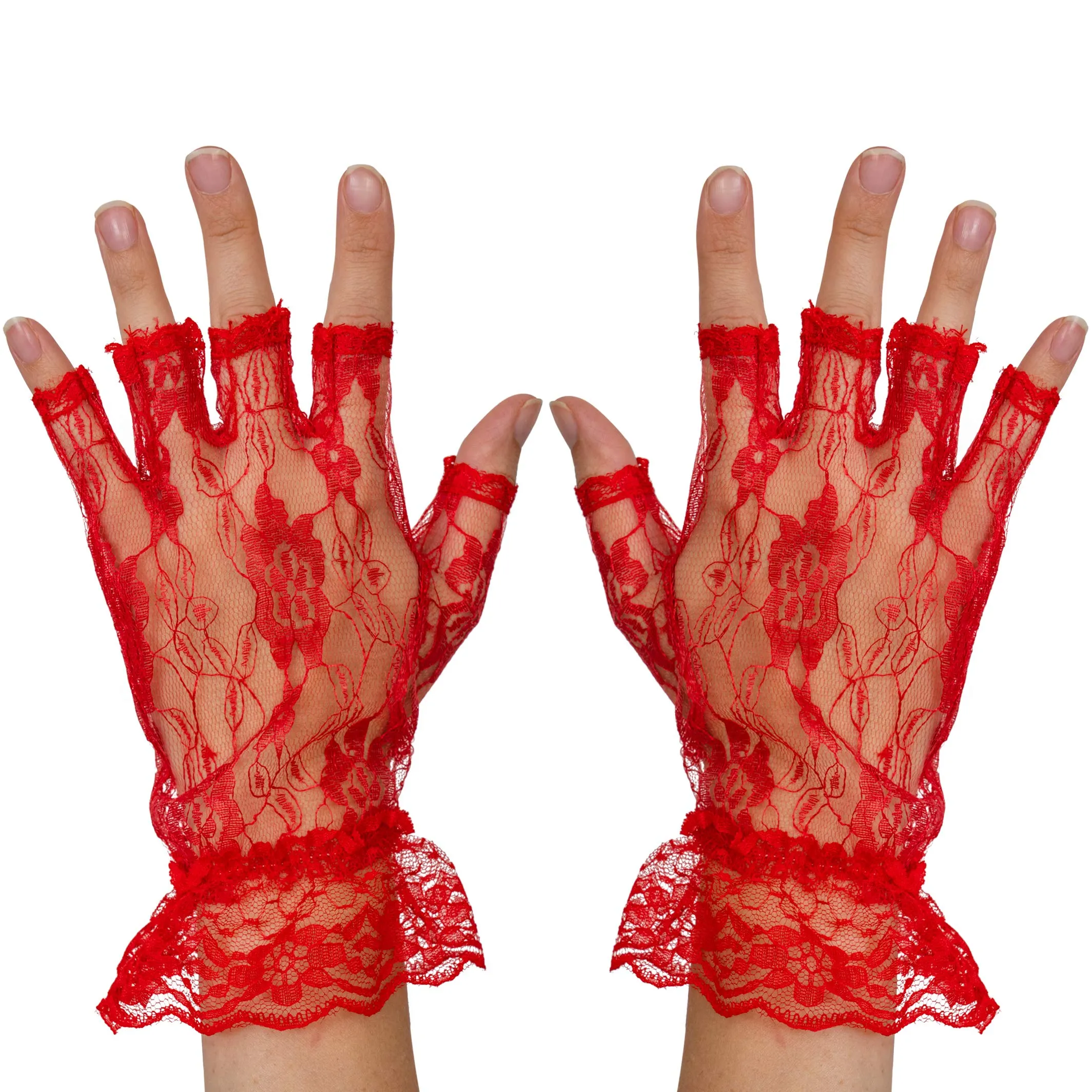 Fingerless Lace Red Gloves - Ladies and Girls Ruffled Lace Finger Free Bridal Wrist Gloves