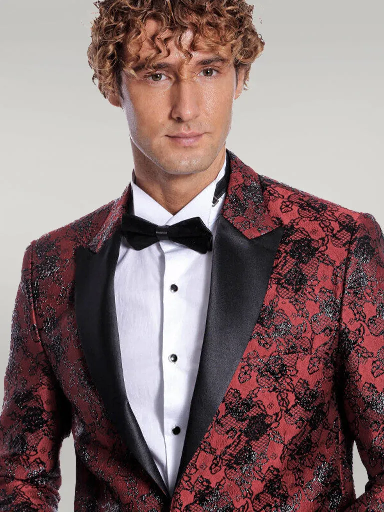 Floral Patterned Slim Fit Burgundy Men Evening  Dinner Blazer - Wessi