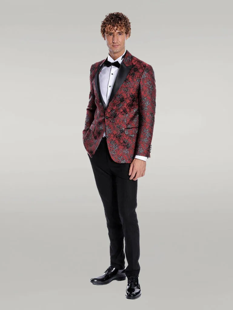 Floral Patterned Slim Fit Burgundy Men Evening  Dinner Blazer - Wessi