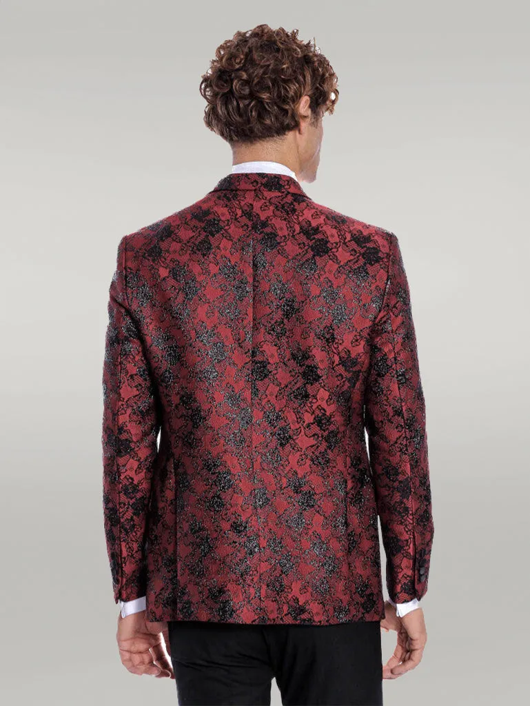 Floral Patterned Slim Fit Burgundy Men Evening  Dinner Blazer - Wessi