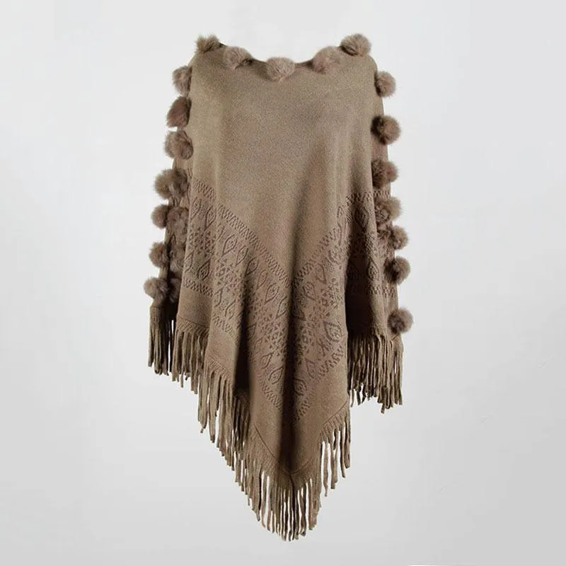 Fringed cloak shawl hair ball round neck pullover solid color sweater women