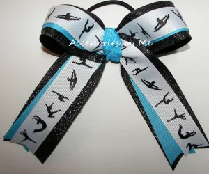 Glitter Gymnastics Aqua Blue Black Ponytail Bow