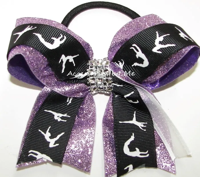 Glitter Gymnastics Black Lavender Ponytail Bow