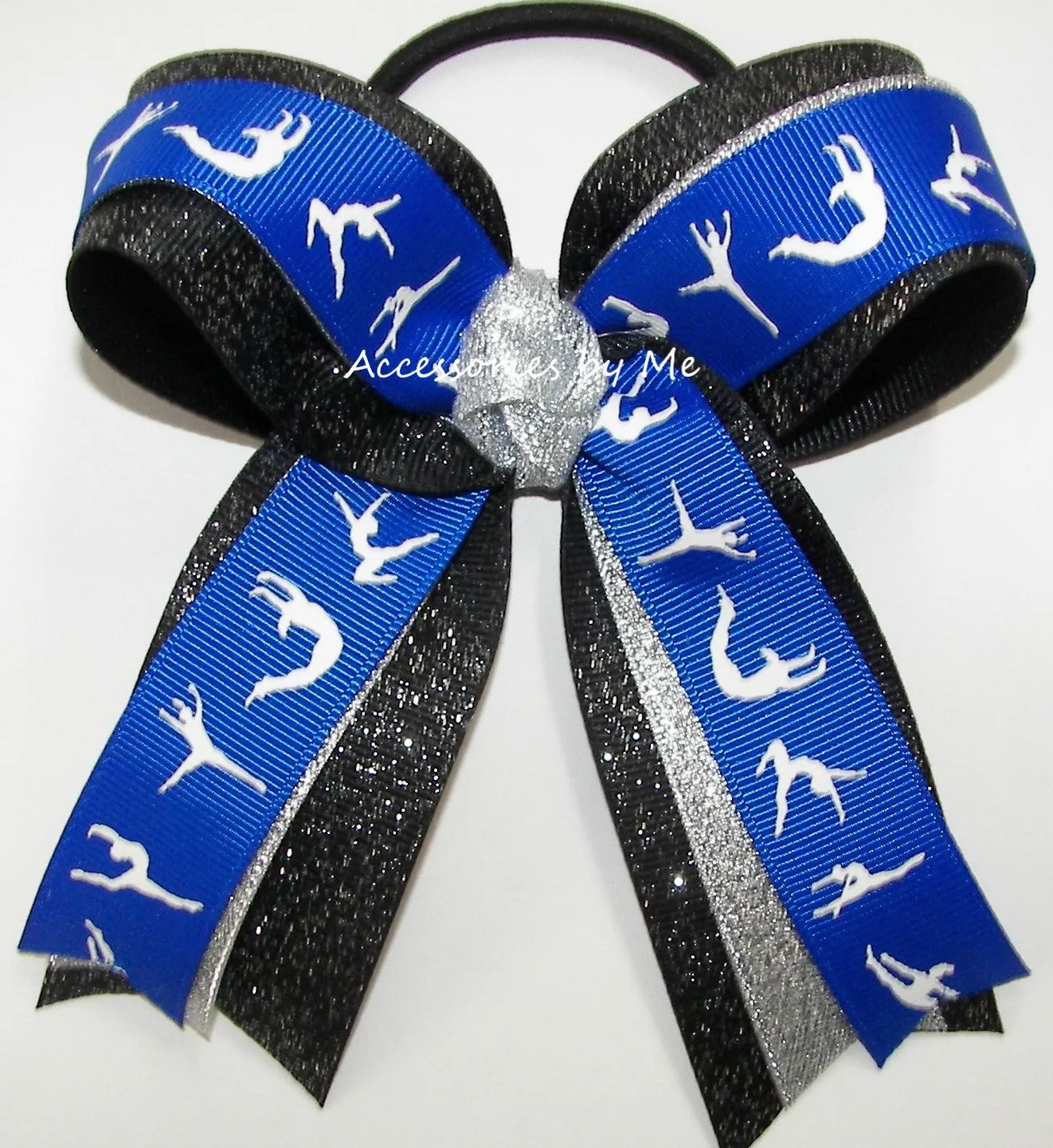 Glitter Gymnastics Royal Silver Black Ponytail Bow