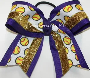 Glitter Softball Purple Gold Hair Bow