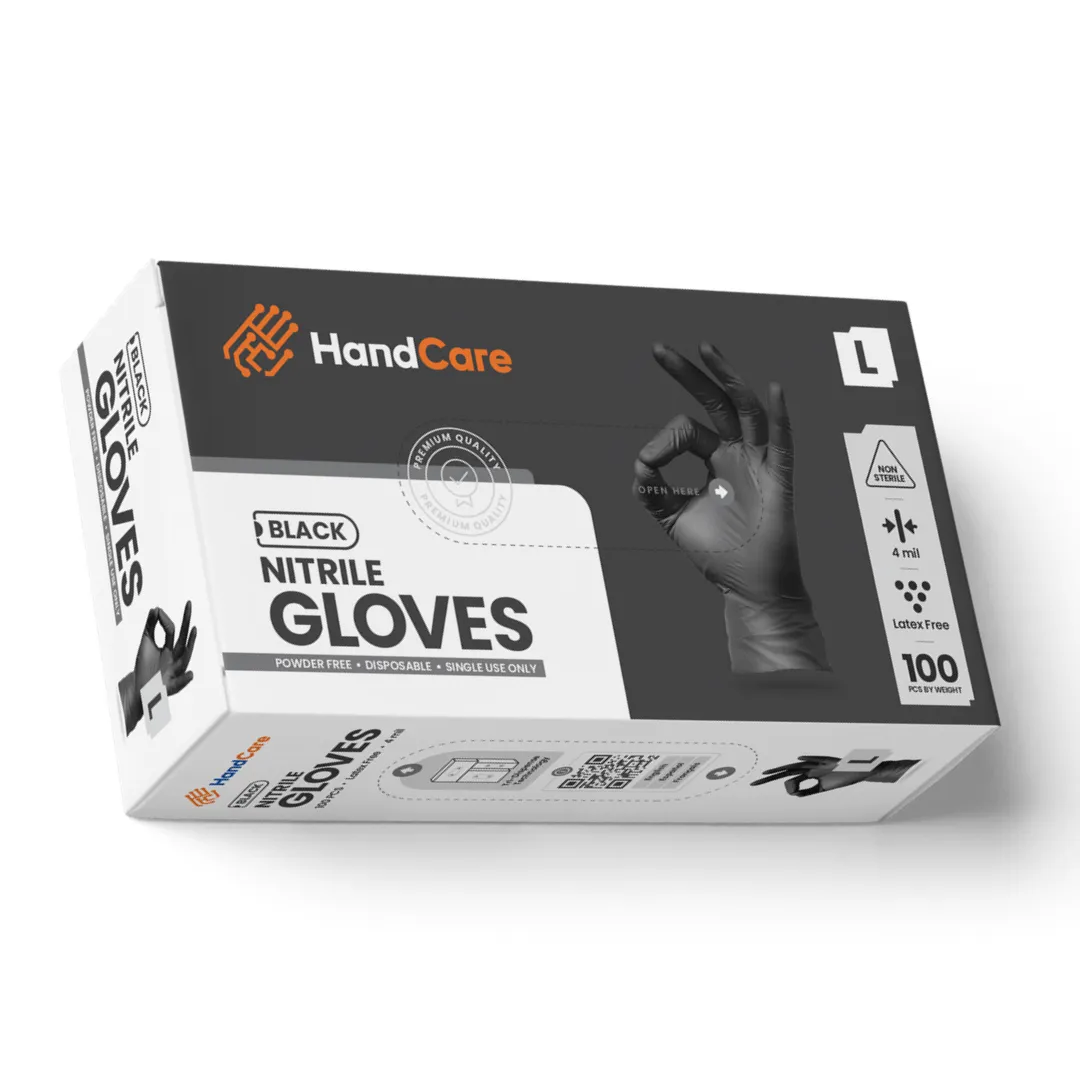 HandCare Black Nitrile Gloves - Exam Grade, Powder Free (4 Mil), 100 Gloves (1 Box)