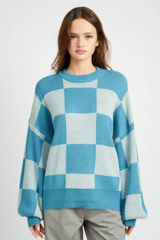 Hot Girl Bubble Sleeve Checkered Sweater In Blue