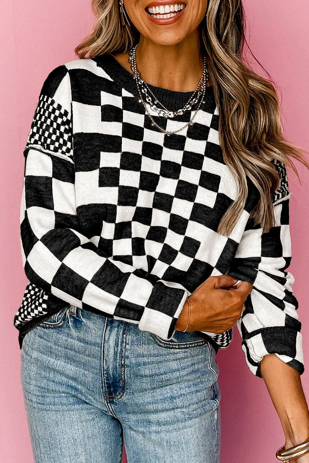 Khaki Checkered Print Drop Shoulder Round Neck Sweater