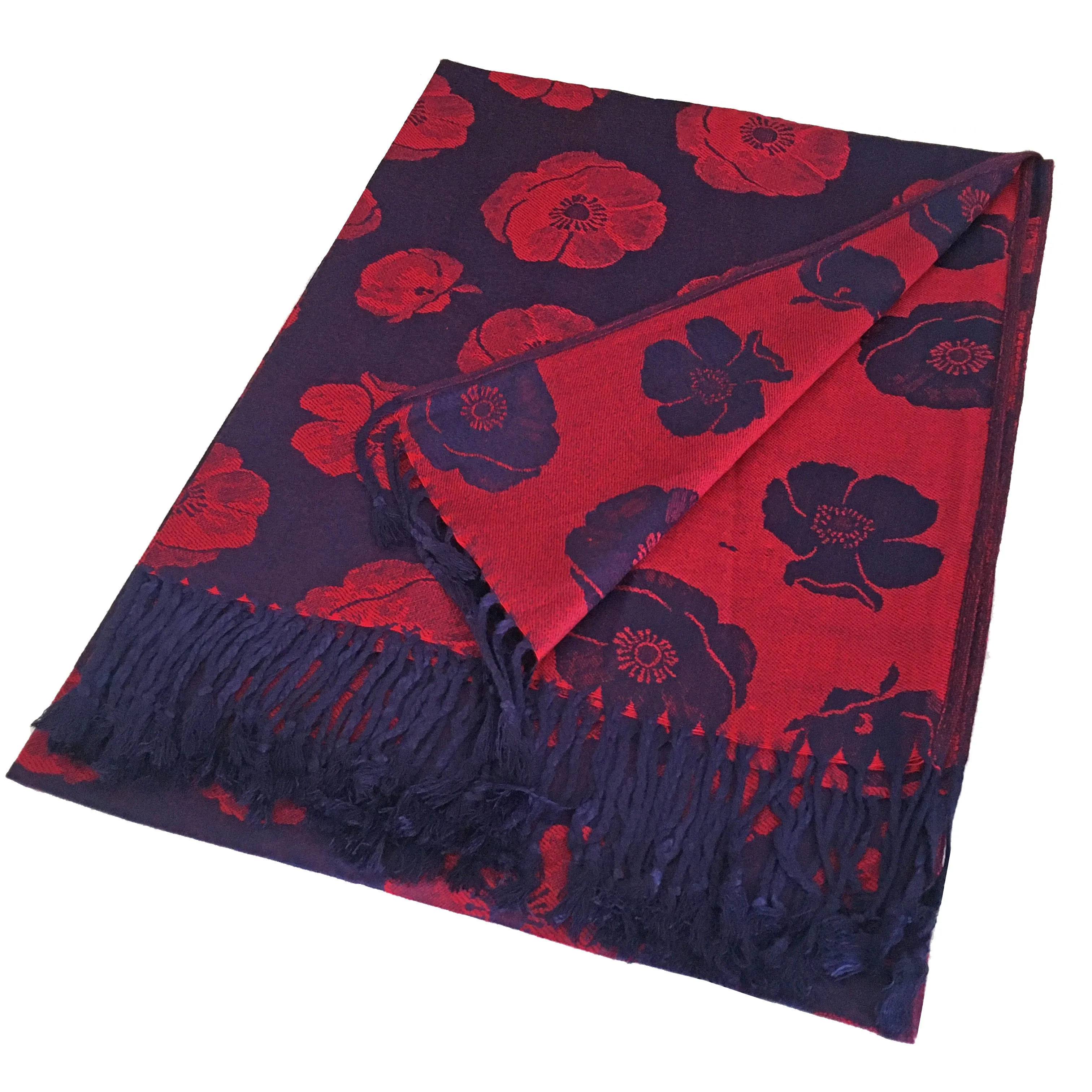 LARGE REVERSIBLE NAVY BLUE AND RED POPPY PASHMINA SHAWL SCARF