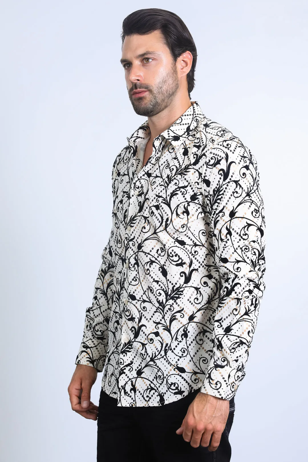 Men's Floral Flocked Modern Fit Spandex Beige Shirt