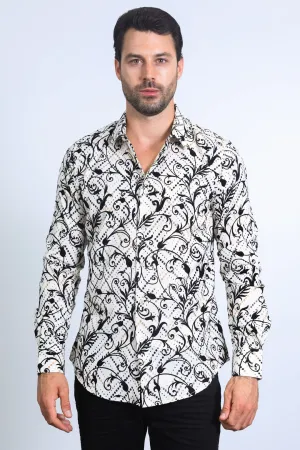 Men's Floral Flocked Modern Fit Spandex Beige Shirt