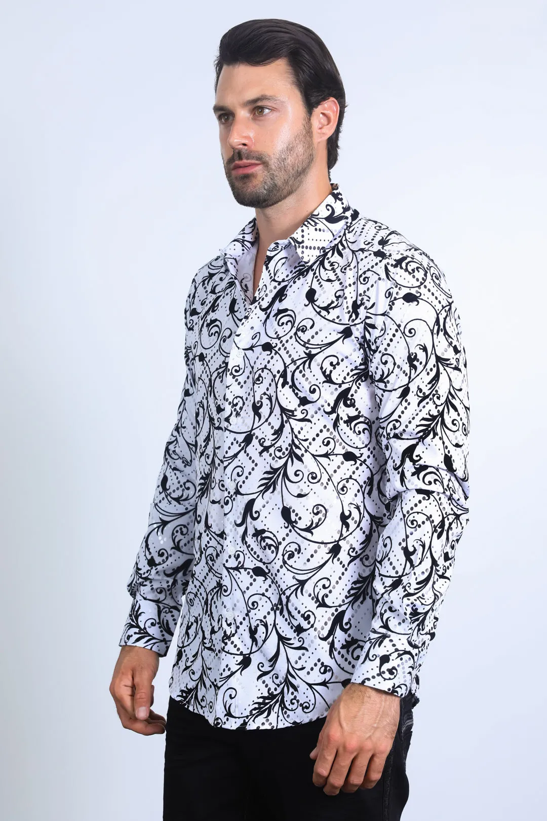 Men's Floral Flocked Modern Fit Spandex White Shirt