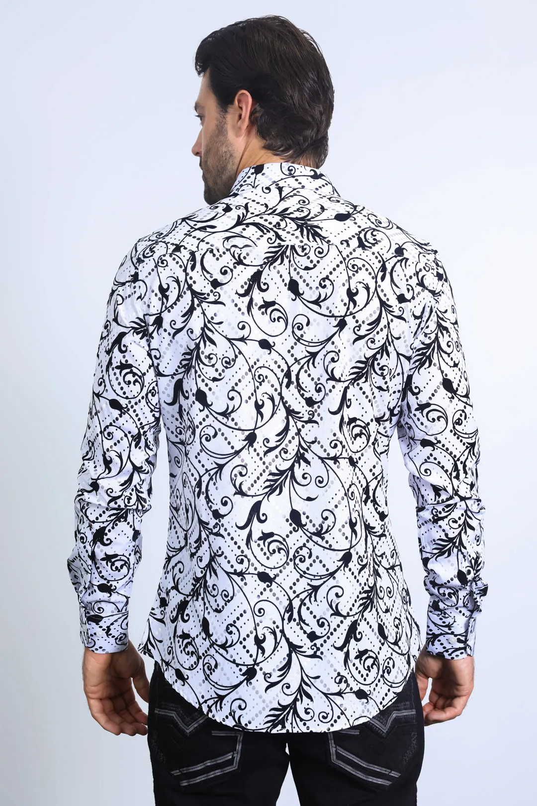 Men's Floral Flocked Modern Fit Spandex White Shirt