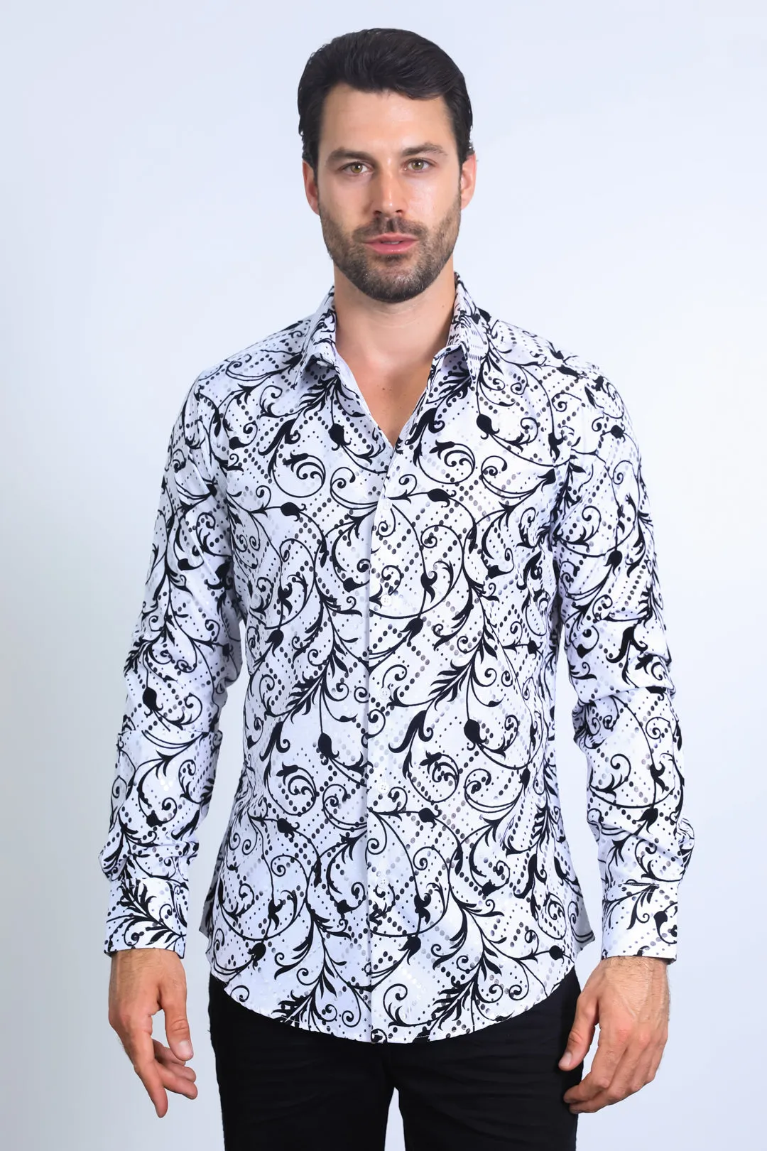 Men's Floral Flocked Modern Fit Spandex White Shirt