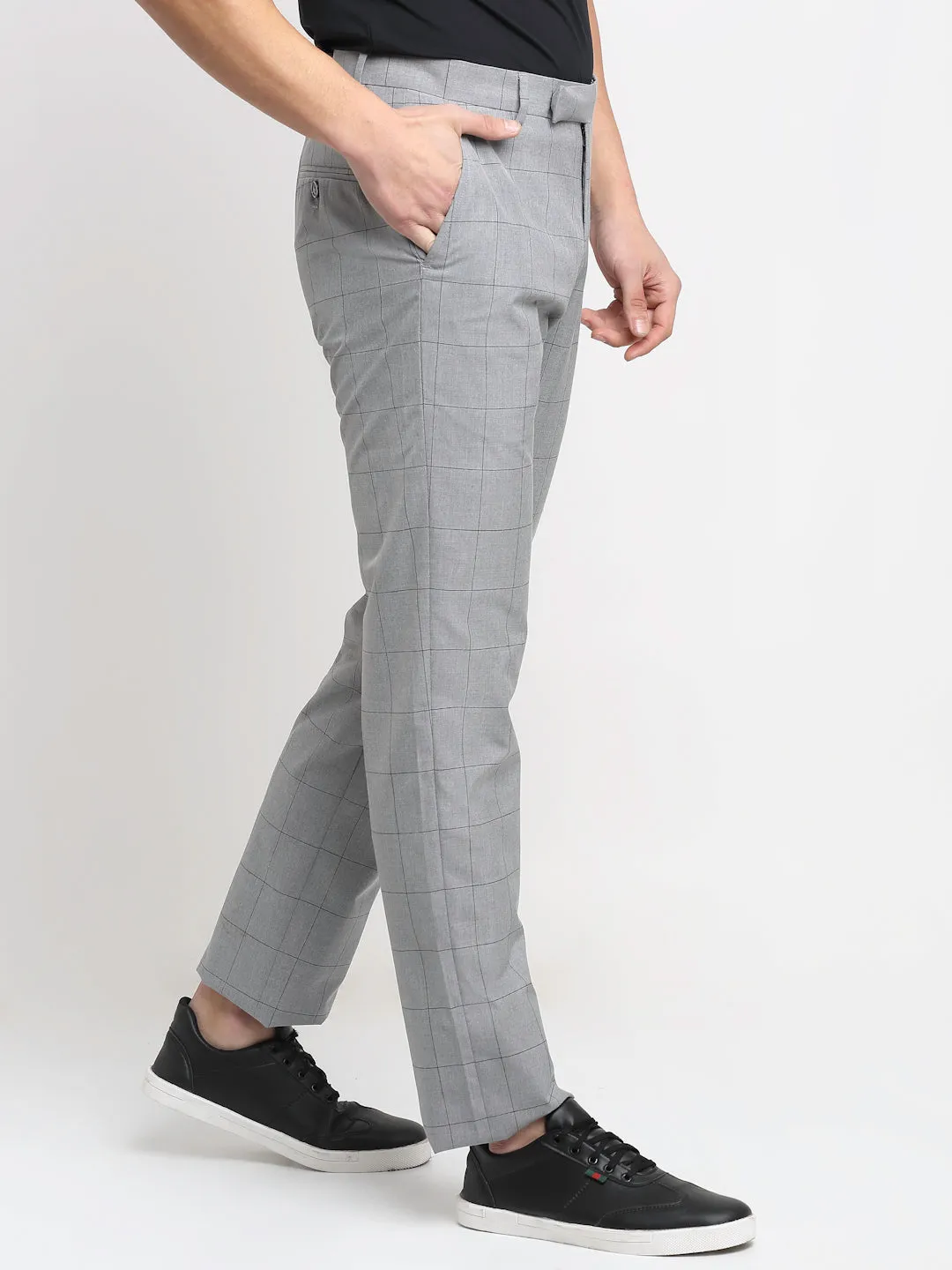 Men's Formal Flat front Grey Checks Trousers