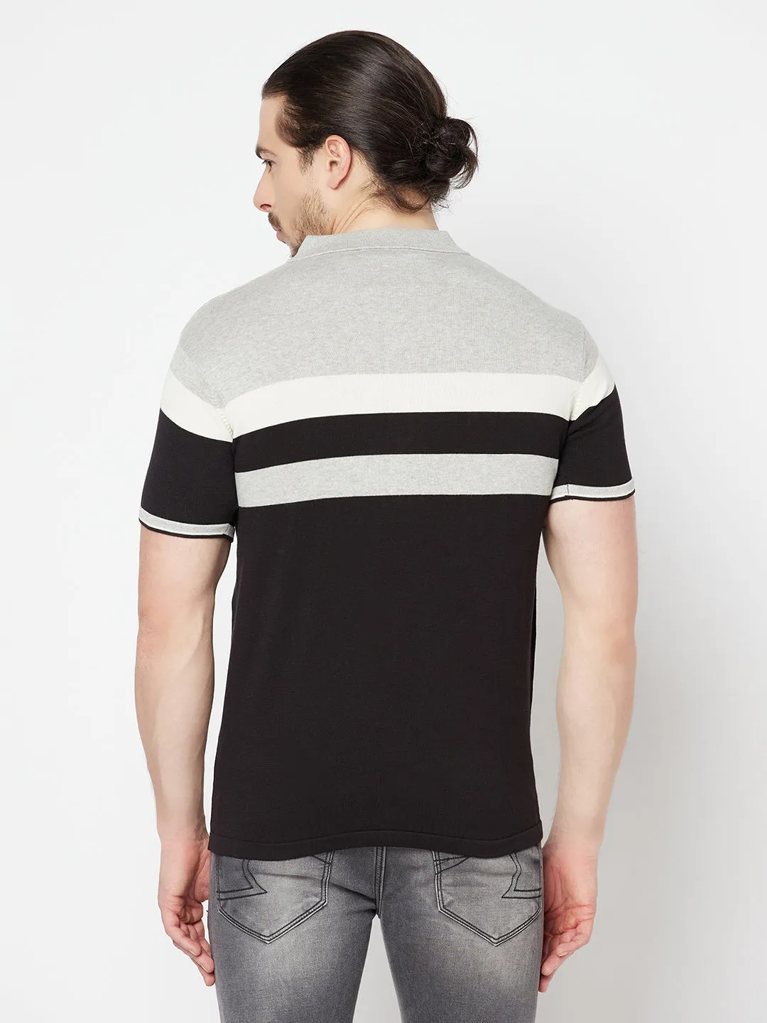 Men's Grey Melange Placement Stripe Polo neck Half Sleeve Flatknit T-Shirt