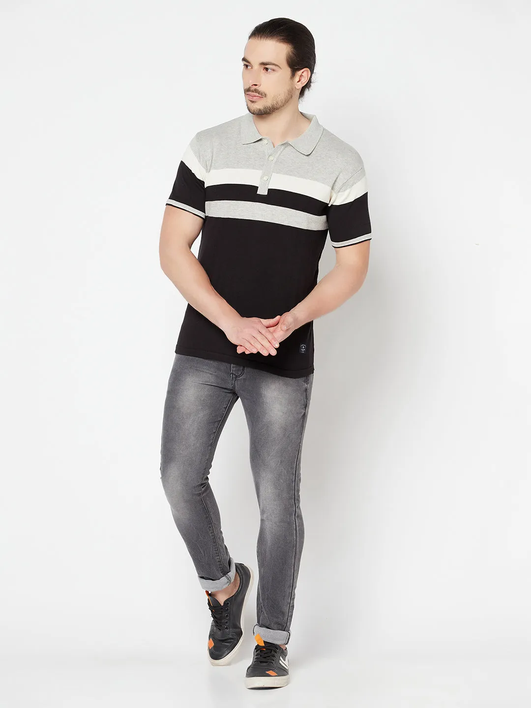 Men's Grey Melange Placement Stripe Polo neck Half Sleeve Flatknit T-Shirt