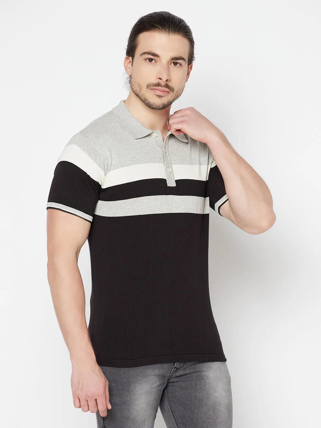 Men's Grey Melange Placement Stripe Polo neck Half Sleeve Flatknit T-Shirt