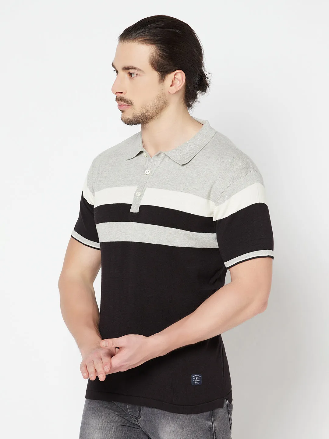 Men's Grey Melange Placement Stripe Polo neck Half Sleeve Flatknit T-Shirt