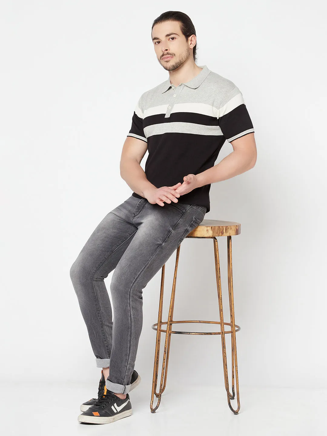 Men's Grey Melange Placement Stripe Polo neck Half Sleeve Flatknit T-Shirt