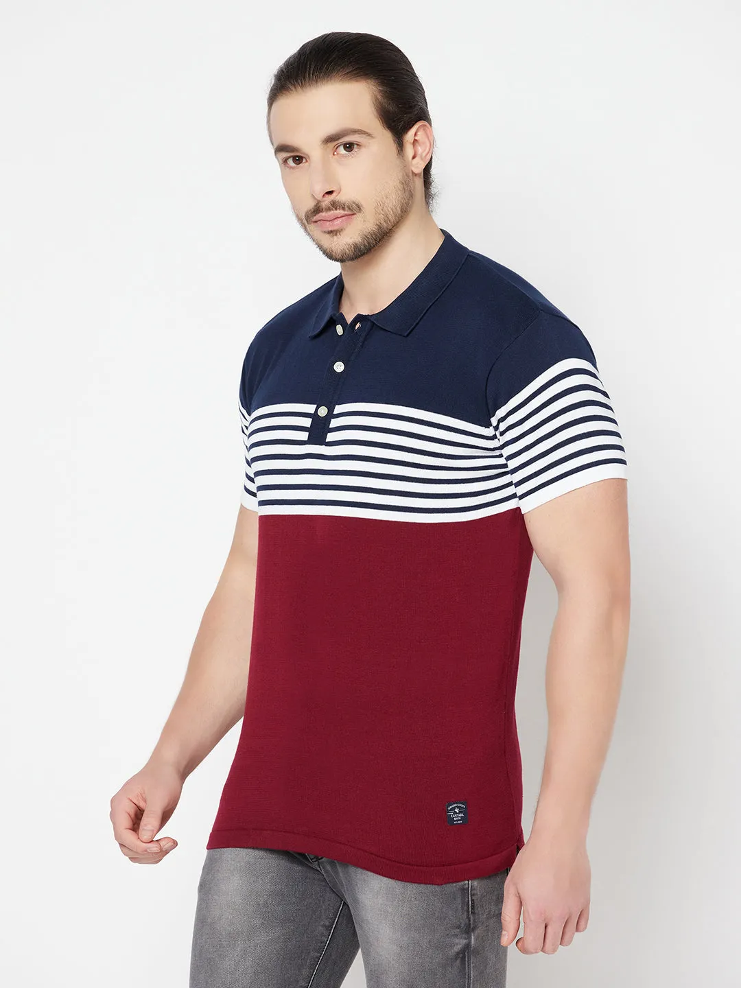 Men's Maroon Placement Stripe Polo neck Half Sleeve Flatknit T-Shirt