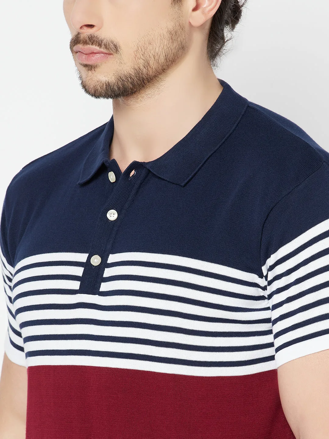 Men's Maroon Placement Stripe Polo neck Half Sleeve Flatknit T-Shirt