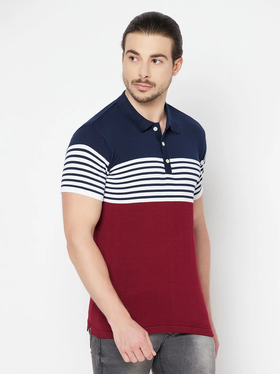 Men's Maroon Placement Stripe Polo neck Half Sleeve Flatknit T-Shirt