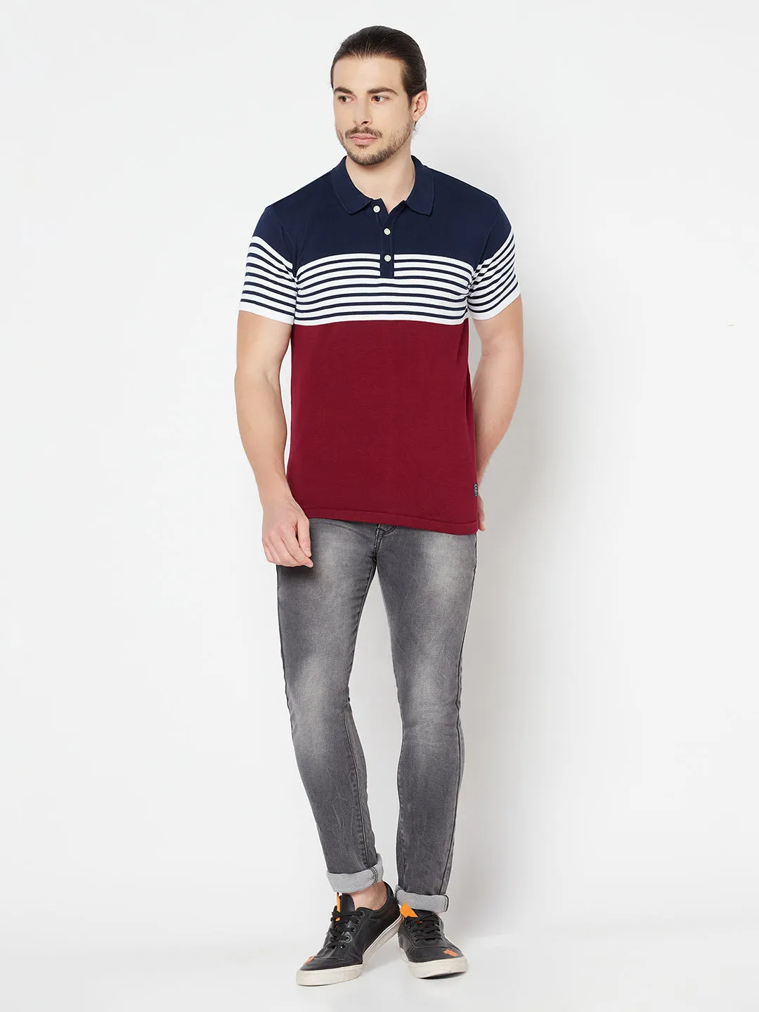 Men's Maroon Placement Stripe Polo neck Half Sleeve Flatknit T-Shirt