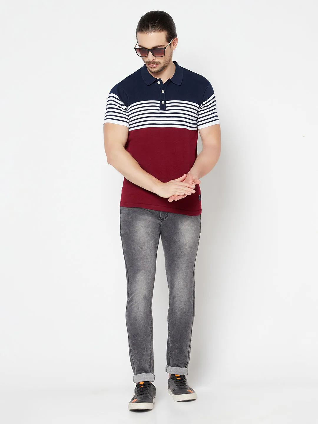 Men's Maroon Placement Stripe Polo neck Half Sleeve Flatknit T-Shirt