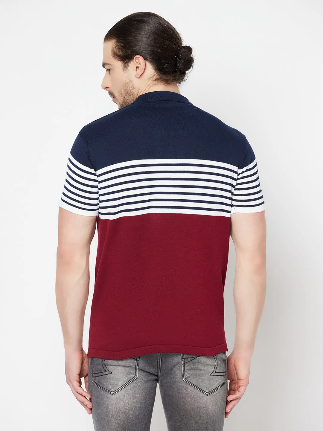 Men's Maroon Placement Stripe Polo neck Half Sleeve Flatknit T-Shirt