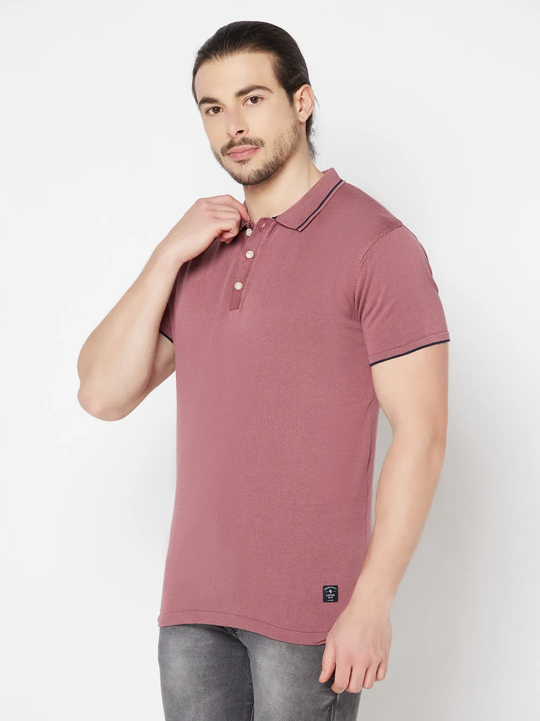 Men's Mauve  Polo neck Half Sleeve Flatknit T-Shirt