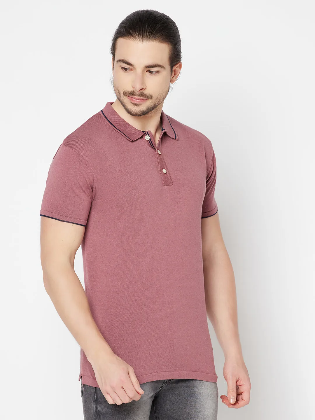 Men's Mauve  Polo neck Half Sleeve Flatknit T-Shirt