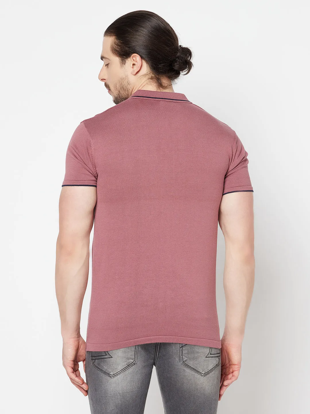 Men's Mauve  Polo neck Half Sleeve Flatknit T-Shirt