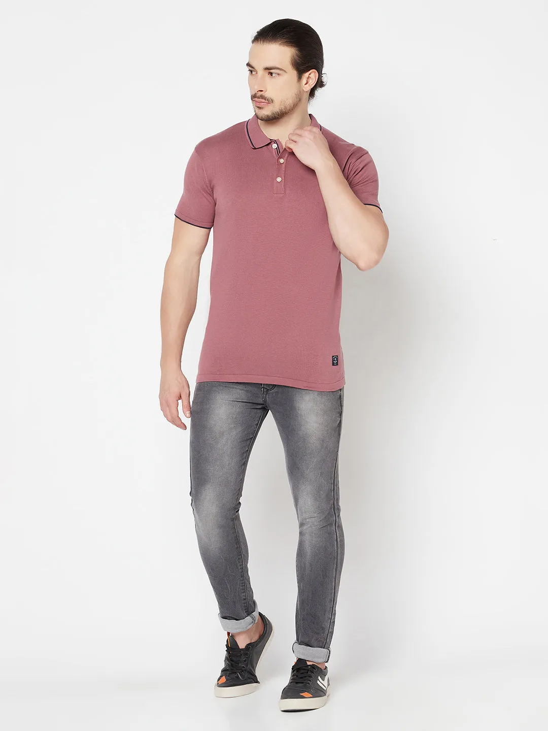 Men's Mauve  Polo neck Half Sleeve Flatknit T-Shirt